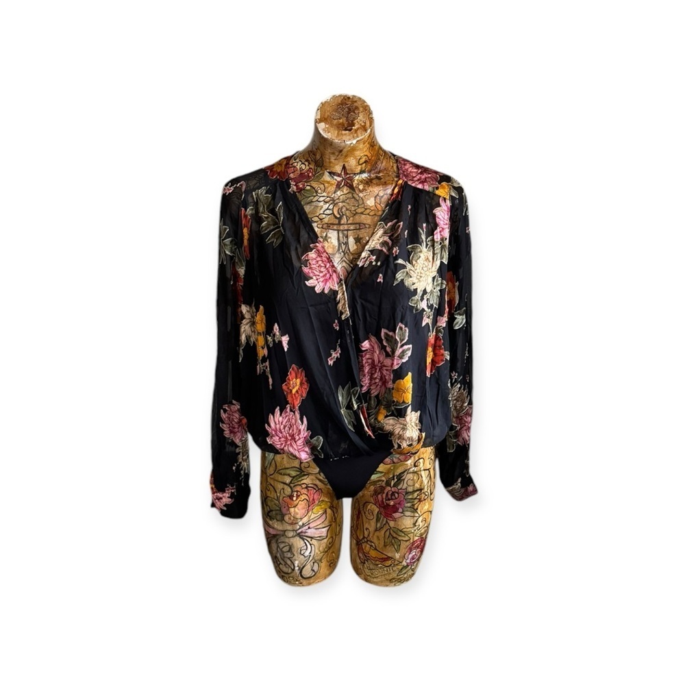 Astr Floral Wrap Bodysuit in Black with Pink, Yellow & Red Flowers